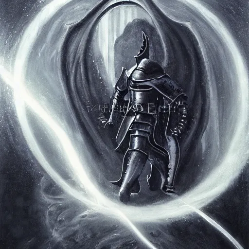 Image similar to an arrogant knight steps casually into the abyssal portal, only to be met with unimaginable horrors from beyond. his body and mind are completely annihilated as he witnesses the end of time. space itself begins to warp into a single point of light and for a few silent moments the knight knows everything, from his world and beyon. dark fantasy, oil painting, high detail