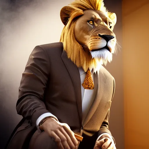 Image similar to a lion smoking a cigar wearing a suit, subject= lion, subject detail: wearing a suit, subject action: smoking a cigar, dramatic lighting, cinematic lighting, establishing shot, photorealistic, high details, cinematic, 8k resolution, extremly detailed, photorealistic, artstation, unreal engine