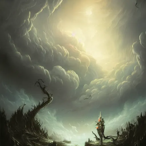 Prompt: Detailed Exterior Shot of Stormy Nightmare Evil Stormy!!! Rundetårn, light of hell, moonlight shafts, flock of birds, moody grim atmosphere, in Style of Peter Mohrbacher, cinematic lighting