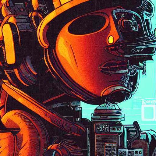 Image similar to in the style of max prentis and deathburger and laurie greasley a close up of a young explorer wearing a cyberpunk headpiece sitting connected to an ancient and huge mechanical head, highly detailed, 8k wallpaper