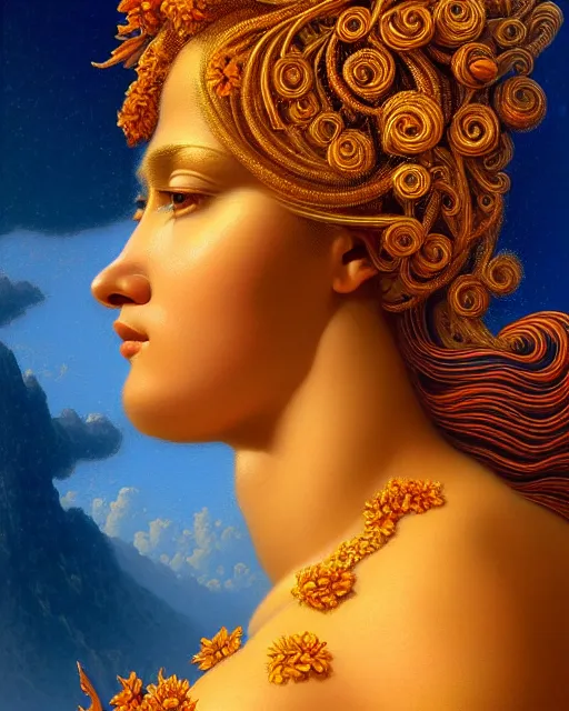 Image similar to portrait of the goddess of golden fire, unusual beauty, flowers and plants, emotionally evoking symbolic metaphors, head in focus, fantasy, ornamental, intricate, elegant, sensual, highly detailed digital painting, artstation, concept art, painterly, golden ratio, sharp focus, illustration, art by John William Godward and Boris Vallejo and Zdzisław Beksiński,