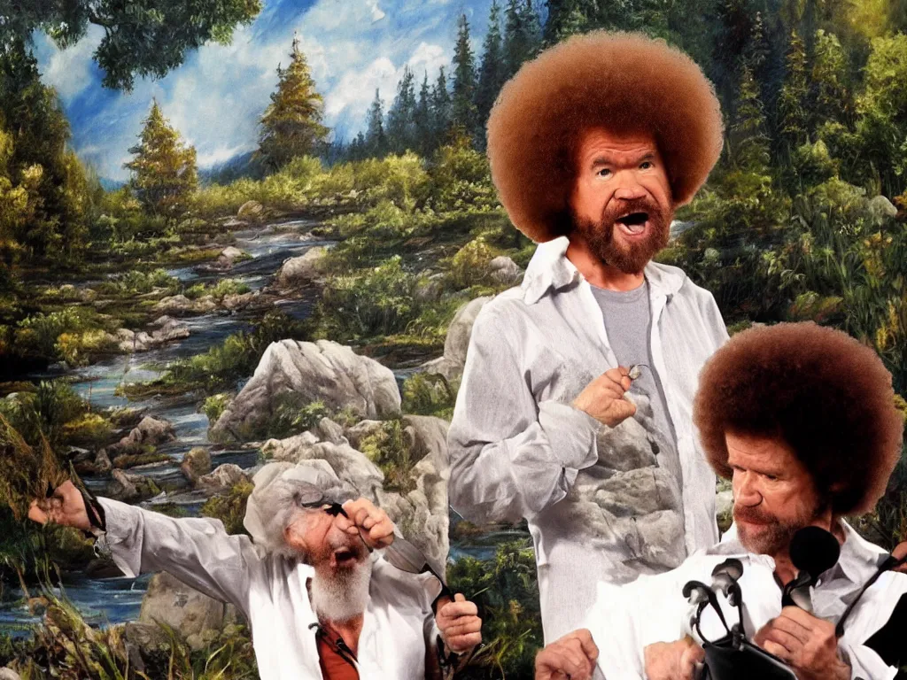 Image similar to bob ross is sad and angry and yelling at a huge nature painting by bob ross