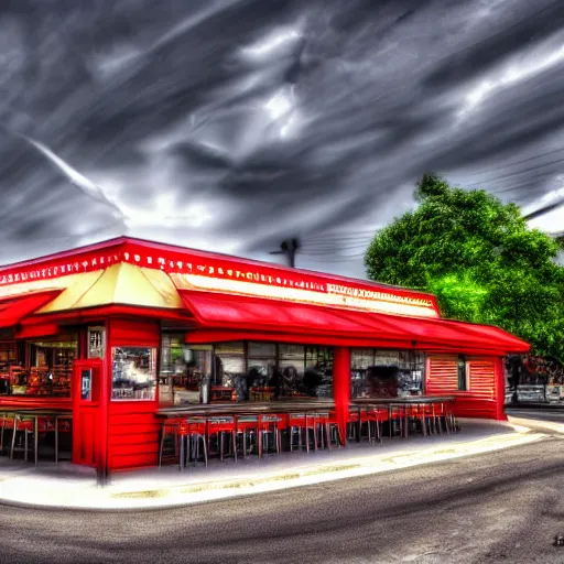 Image similar to Hamburger House in Fast Food Land, Realistic, HDR, Clear Image, HDD, RTX ON,