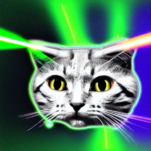 Image similar to Horned cat circuitboard alien, green laser light energy, uncanny devil creature, intelligent and cunning