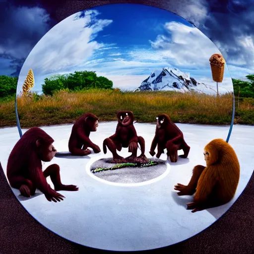 Image similar to apes sitting in a circle around a huge ice cream cone cinematic hdr realistic