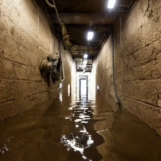 Image similar to deep underground bunker, flooded, dirty water, dense rusty pipes, dense cables