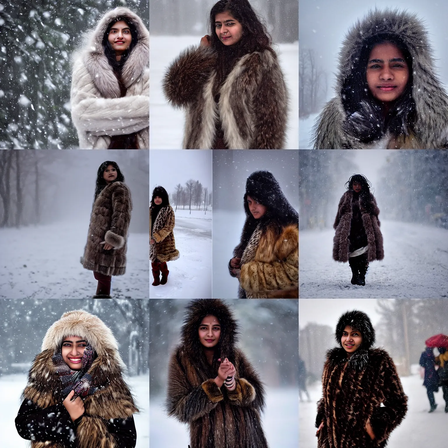 Prompt: A young Indian woman in the Siberian wilderness, wearing a fur coat and fur boots, long hair, during a blizzard in winter