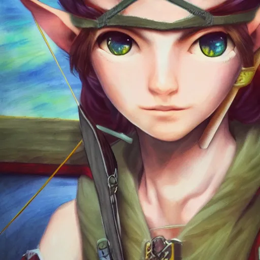 Image similar to a mixed media painting of a young elf archer aiming a bow at the camera close-up, WLOP, pixiv, 8k UHD