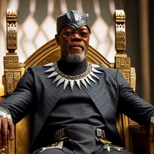 Image similar to film still of Samuel L Jackson as King T-Challa, in new Black Panther film