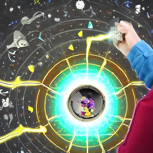 Image similar to A illustration. A rip in spacetime. Did this device in his hand open a portal to another dimension or reality?! Imgur by Wendy Froud ornamented