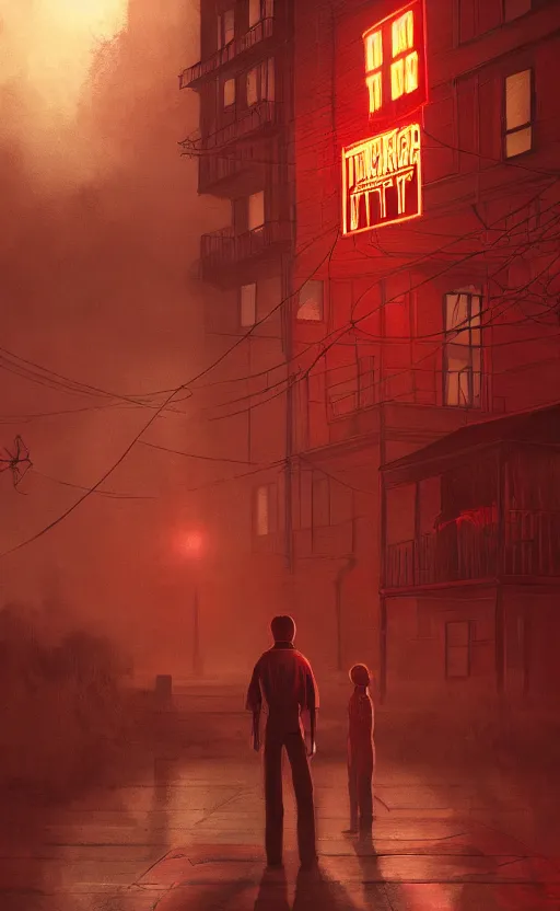 Prompt: stranger things inspired wallpaper, red ambience, at night, creepy over the street in the background, dynamic lighting, photorealistic fantasy concept art, trending on art station, stunning visuals, creative, cinematic, ultra detailed