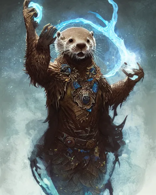 Prompt: Otter Shapeshifter Druid Mage, D&D, artstation, fantasy, magic the gathering artwork, cinematic lighting, centered, symmetrical, highly detailed, digital painting, , concept art, smooth, sharp focus, illustration, volumetric lighting, epic Composition, 8k, art by Akihiko Yoshida and Greg Rutkowski and Craig Mullins, oil painting, cgsociety