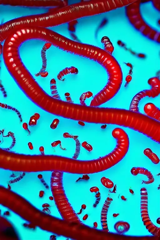 Prompt: high quality close-up photo translucent gelatinous worms! gorgeous red dots highly detailed hannah yata elson peter cinematic turquoise lighting high quality low angle hd 8k sharp shallow depth of field