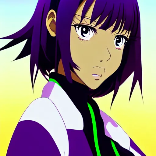 Image similar to anime poster film still portrait, young black woman, black black black woman, purple colored eyes, purple colored eyes, white french bob, green colored bomber jacket, detailed facial features, dynamic pose,, rimlight, cel shaded, 4 k
