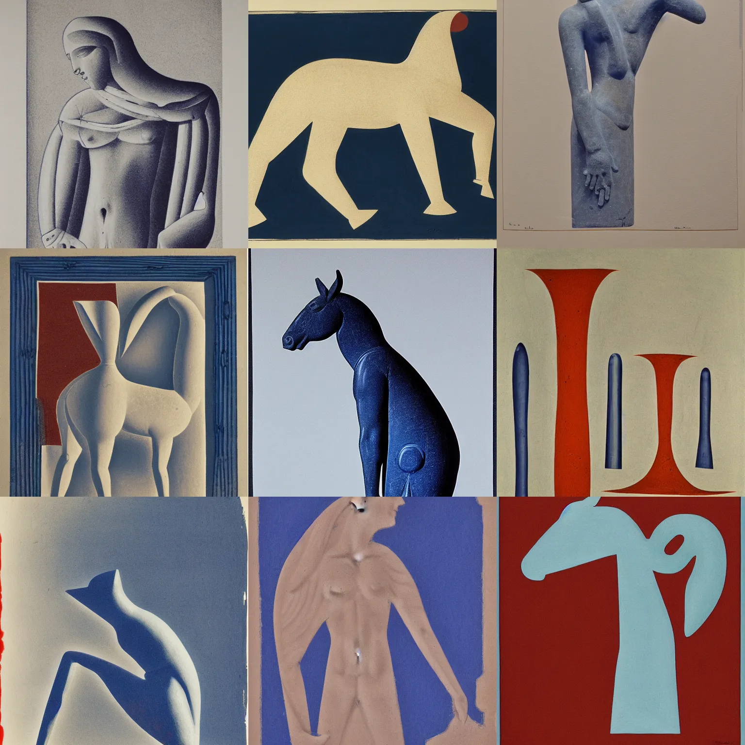 Prompt: lithograph of cycladic sculpture of donkey, ultramarine blue and red iron oxide