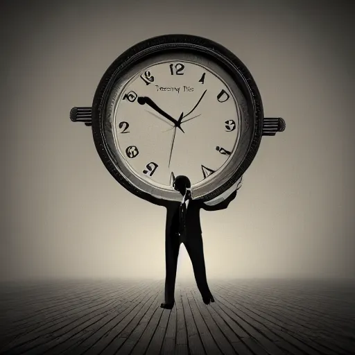 Image similar to Tommy Ingberg One man standing next to a much larger clock ultra detailed hd