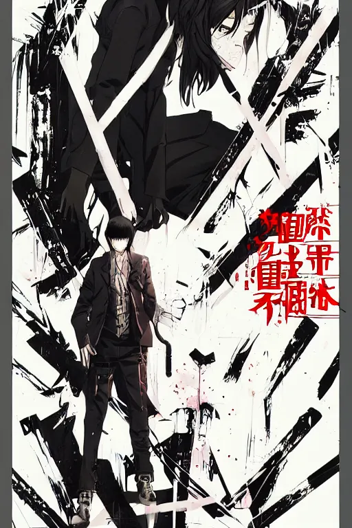 Image similar to professionally drawn seinen mature cyberpunk horror detective action manga comic cover, full color, beautifully drawn coherent professional, drawn by ilya kuvshinov, ilya kuvshinov, and hiromu arakawa and tsutomu nihei. japanese script kanji hiragana on the cover. simplistic minimalist cover art. stylized stylistic.