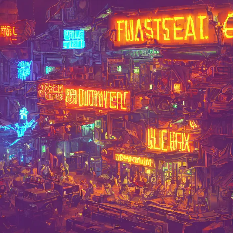 Image similar to fantastic lighting, pixel art, high detail, dieselpunk market, neon lights, 2 d