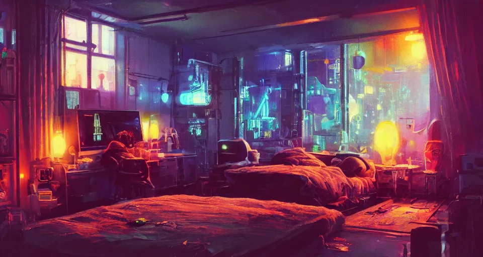 Image similar to IKEA catalogue photo of a cyberpunk bedroom, by Paul Lehr, 8k, HD, realistic, cinematic, artstation, details