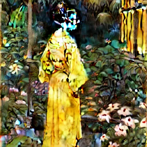 Prompt: photograph of a young woman wearing a yellow kimono in a tropical greenhouse, Carl Larsson, James Gurney, John William Waterhouse, John Singer Sargent, extremely detailed, 4K