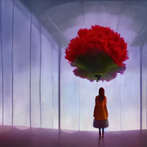 Prompt: giant carnation flower head, woman standing in the glass palace, surreal photography, dramatic light, impressionist painting, digital painting, artstation, simon stalenhag