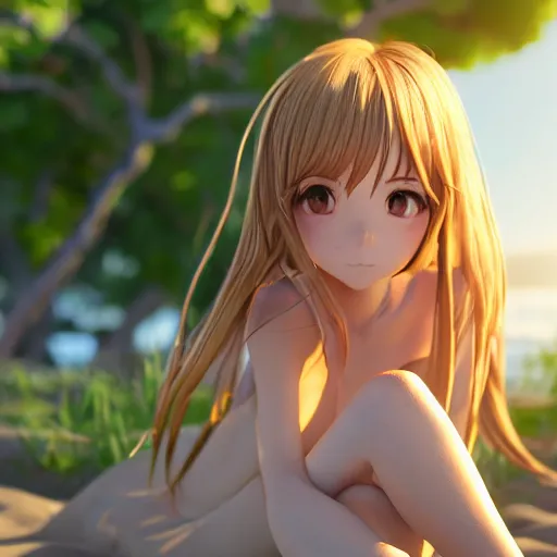 Image similar to portrait of a very beautiful 3d anime girl, long hair, hazel eyes, cute freckles, full round face, short smile, cute sundress, golden hour, serene beach setting, medium shot, mid-shot, highly detailed, trending on Artstation, Unreal Engine 4k