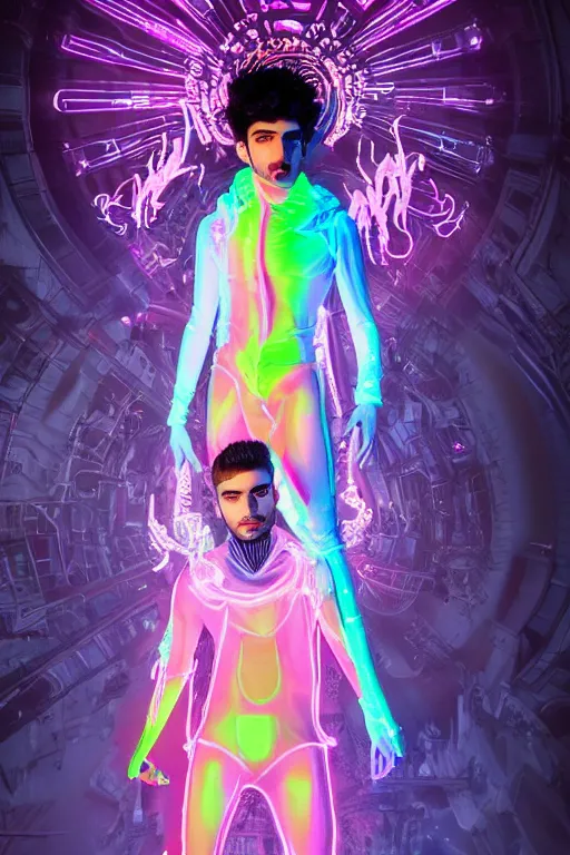 Prompt: full-body baroque and cyberpunk style neon statue of a attractive pale Zayn Malik as a humanoid deity wearing a thin see-through plastic hooded cloak sim roupa, posing like a superhero, glowing peach face, crown of pink lasers, large diamonds, swirling black silk fabric. futuristic elements. oozing glowing liquid, full-length view. space robots. human skulls. throne made of bones, intricate artwork by caravaggio. Trending on artstation, octane render, cinematic lighting from the right, hyper realism, octane render, 8k, depth of field, 3D