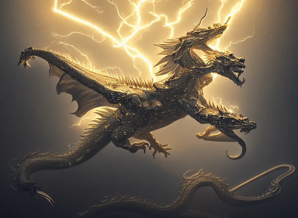 Image similar to a white - gold sacred dragon surrounded by lightning and holy light, aura of light, artificial intelligence, scifi, futuristic, highly detailed, trending on artstation, lee ji - eun, advanced technology, art by vitaly bulgarov and nivanh chanthara and lance wilkinson