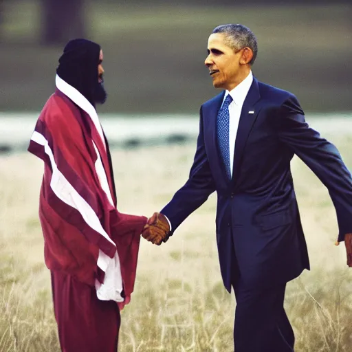 Image similar to obama shaking hand of osama bin laden, ultra realistic, canon 3 5 mm photography