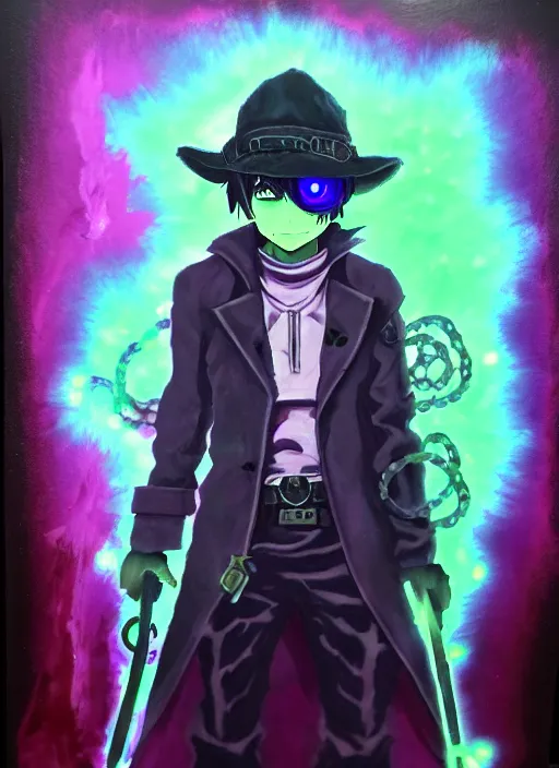 Image similar to made in abyss glamour necro science acrylic painting of salvia divinorum, photorealistic tony montana in a style of cyberpunk, magic glowing blur