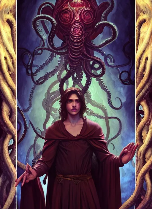 Prompt: modern movie poster of a young ancient roman warlock with magic lovecraftian tentacles in the background, dungeons and dragons artwork, dramatic lighting, digital painting, masterpiece, by leonardo da vinci, raphael, artgerm, greg rutkowski, vibrant colors