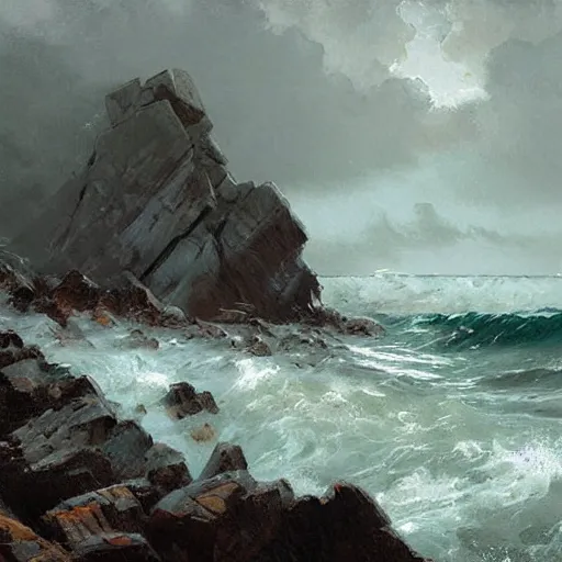 Image similar to rocks being lashed by waves and singing, stormy weather, ocean, painting by greg rutkowski