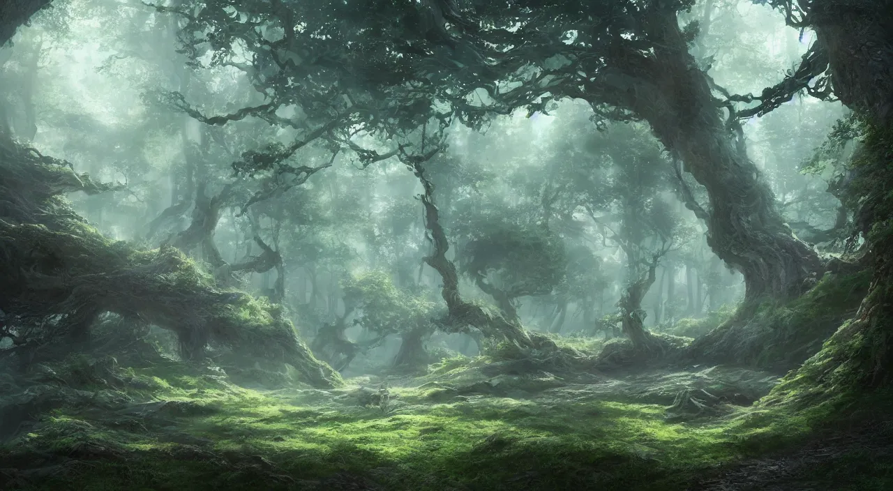 Image similar to concept art fantasy landscape, mythical forest, hayao miyazaki, studio ghibli, anime, hyper realistic, ambient lighting, concept art, intricate, hyper detailed, smooth, dynamic volumetric lighting, octane, raytrace, cinematic, high quality, high resolution, 4 k, cgsociety