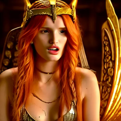 Prompt: cinematic scene with bella thorne on a majestic throne as the goddess of war, dramatic, small details, volumetric lighting, still frame