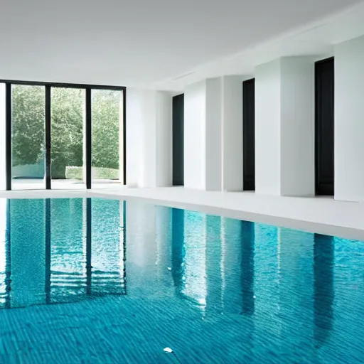 Prompt: a new swimming pool in a large white room with a door that leads to a gray room with on light on in it. dream like.