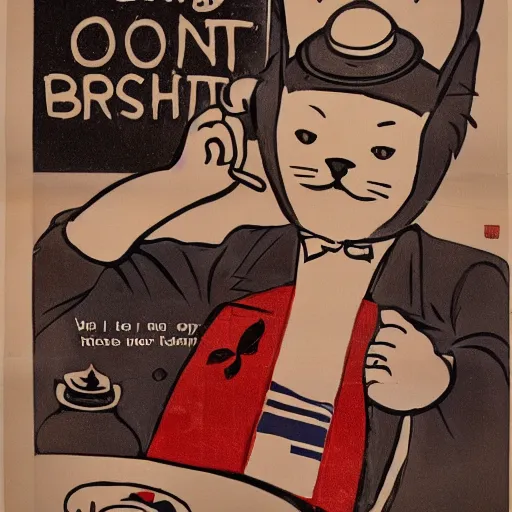 Prompt: british cat sipping on tea, propaganda poster