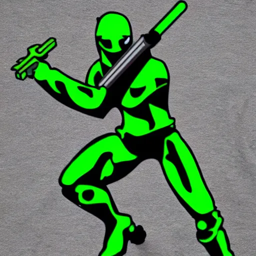 Prompt: green cyborg ninja dude with his weapons
