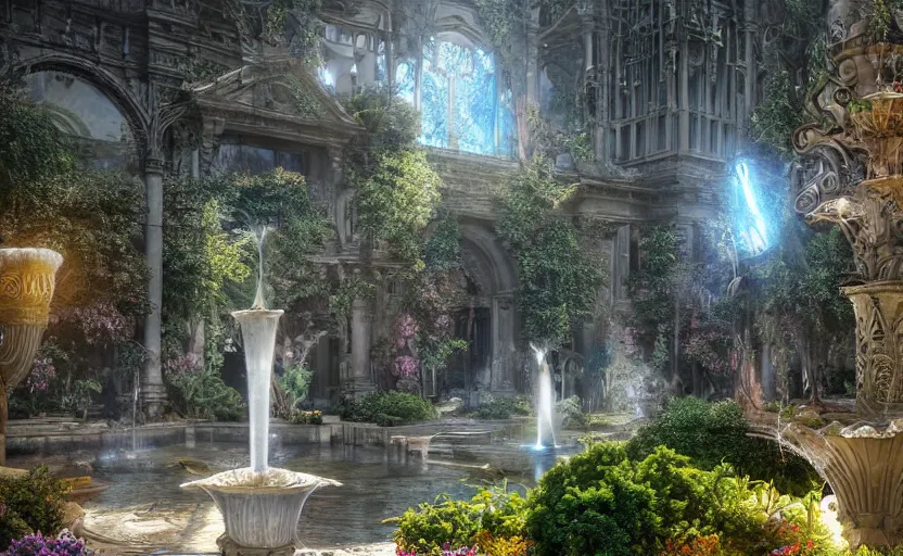 Image similar to A beautiful garden, next to a fountain and a mystical palace, hyperrealistic mixed media, stunning 3d render inspired art by P. Craig Russell and Barry Windsor-Smith + perfect facial symmetry + dim volumetric lighting, 8k octane beautifully detailed render, post-processing, extremely hyperdetailed, intricate futuristic mechanic parts, epic composition, grim yet sparkling atmosphere, cinematic lighting + masterpiece, trending on artstation