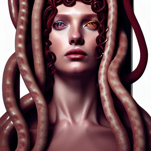 Image similar to portrait of medusa with long thin sausages instead of snakes, sausage hair, photorealistic, illustration, intricate details, masterpiece, digital art, trending on artstation