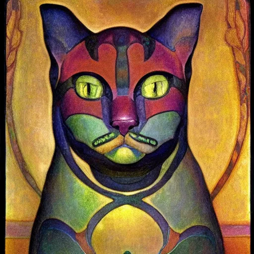 Image similar to cloisonne cat head sculpture, by annie swynnerton and diego rivera and nicholas roerich and jean delville, symbolist, dramatic lighting, god rays, art brut, rich colors, smooth, sharp focus, extremely detailed, adolf wolfli