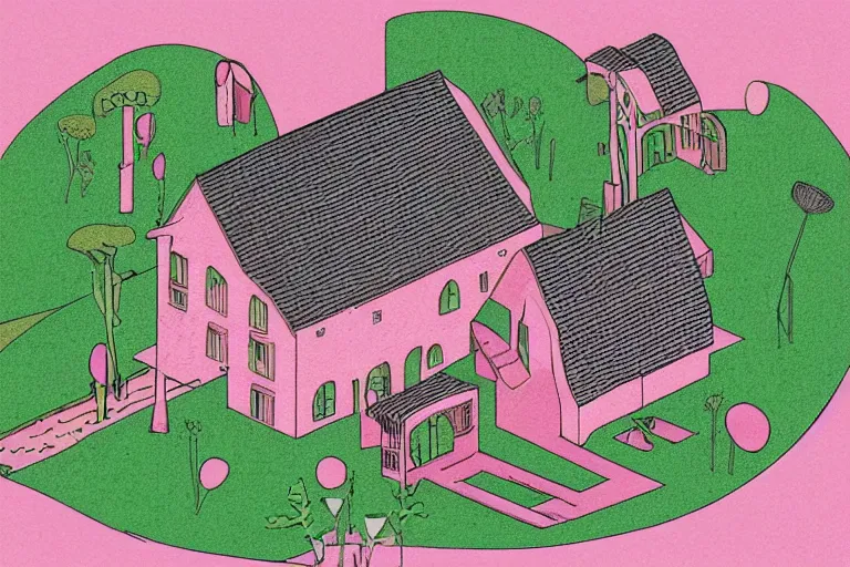 Prompt: a pink and green 2 d illustration of a cross section of a house, a storybook illustration by muti and tim biskup, featured on dribble, arts and crafts movement, behance hd, storybook illustration, dynamic composition