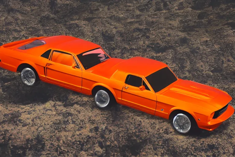 Prompt: a photo hyperrealistic flying bright orange Ford Mustang spaceship