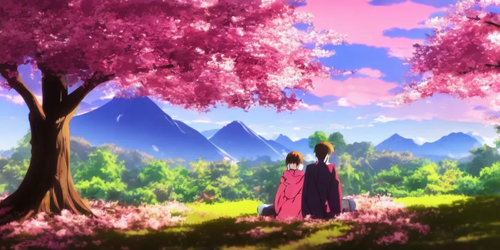 Download two anime characters hugging under a cherry blossom tree