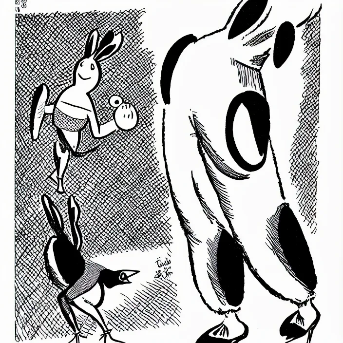 Prompt: a still frame from comic strip a bird in rabbit carnival costume pants 1 9 5 0, herluf bidstrup, new yorker illustration, monochrome contrast bw, lineart, manga, tadanori yokoo, simplified,