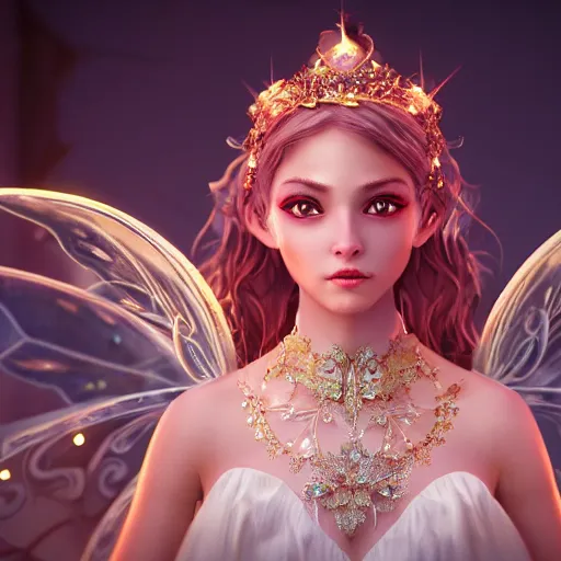 Image similar to portrait of fairy princess, glowing, ornate and intricate jewelry, jaw dropping beauty, glowing background lighting, white accent lighting, hyper detailed, fairy tale, 4 k octane render