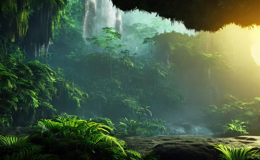 Prompt: a beautiful render of a dark prehistoric rainforest, lush flora, patches of sky, sunset, flying mountains and a waterfall in the background, intricate detail, hazy, humid, volumetric lighting, 8 k, photorealistic, raytracing effects, unreal engine 5