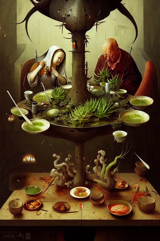 Image similar to hieronymus bosch, greg rutkowski, anna podedworna, painting of a succulent chinese meal