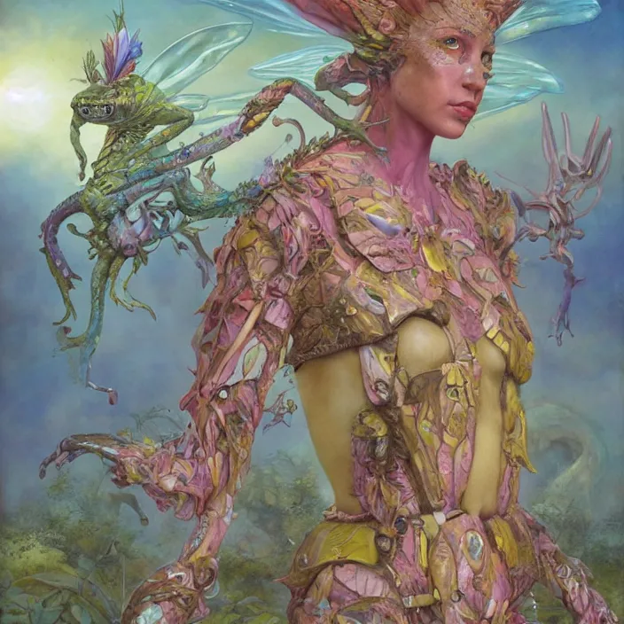 Prompt: a fashion editorial of fairy as a brightly colored sphinx amphibian hybrid with wet translucent skin. wearing an growing organic exosuit. by tom bagshaw, donato giancola, hans holbein, walton ford, gaston bussiere, brian froud, peter mohrbacher and magali villeneuve. 8 k, cgsociety