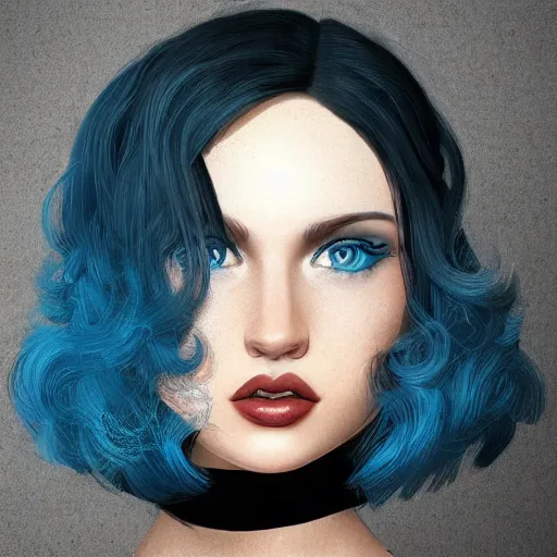 Prompt: pale girl with striking blue eyes and curly black hair in a bob hairstyle, digital art, trending on artstation