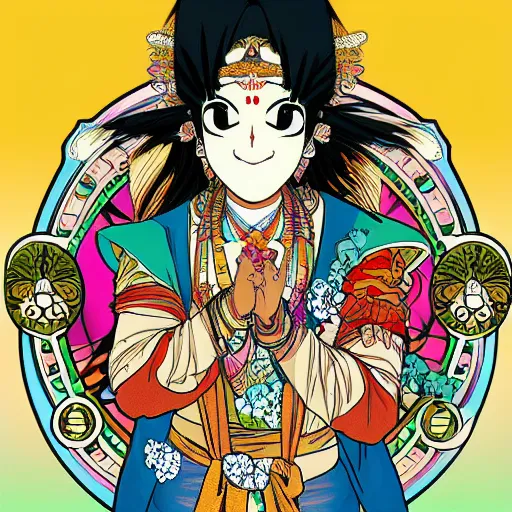 Image similar to anime manga style kathakali illustration style by Alphonse Mucha and Takashi Murakami pop art nouveau